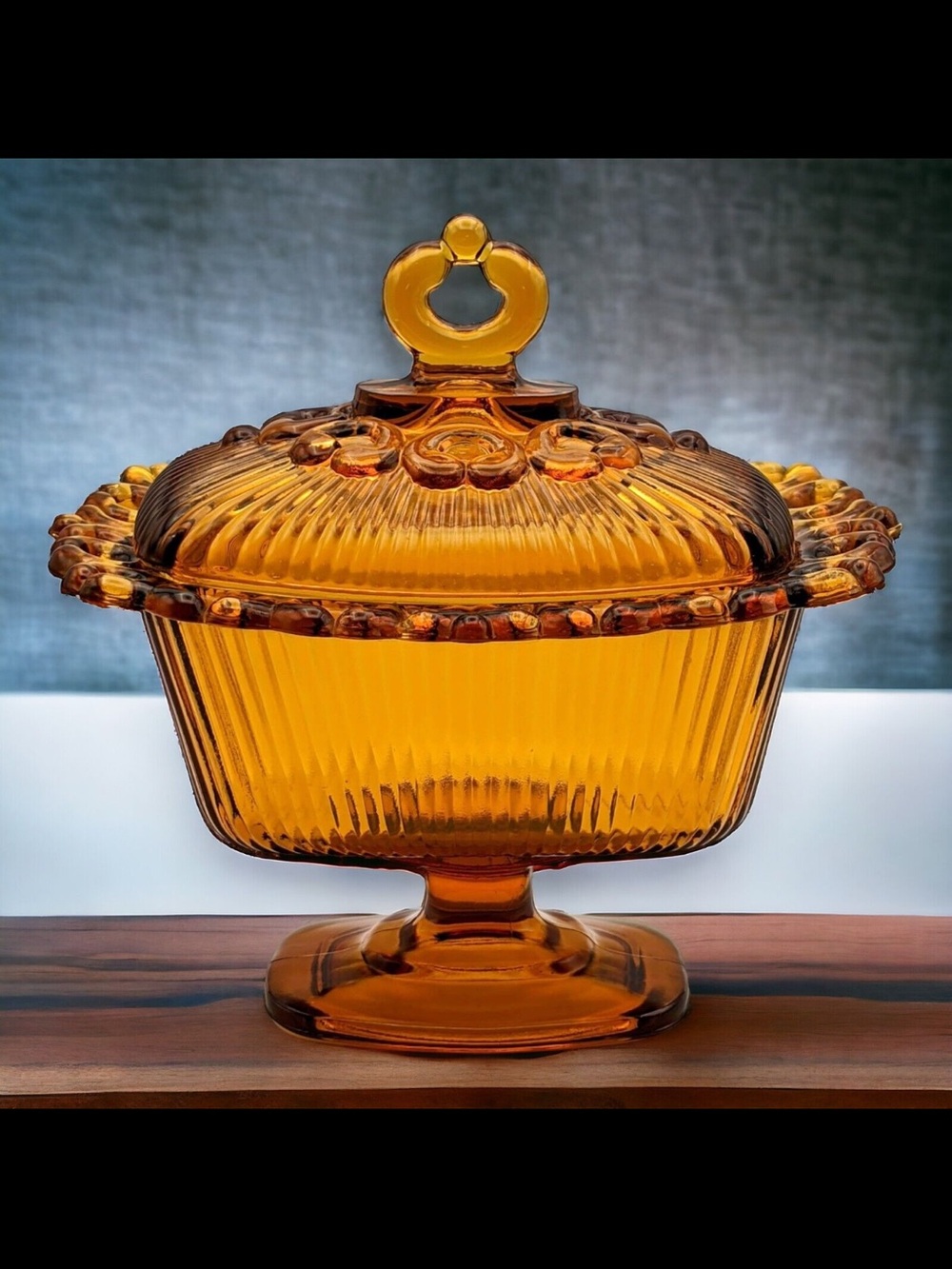 Vintage Amber Pressed Glass Covered Pedestal Candy Dish Compote Scroll Rim